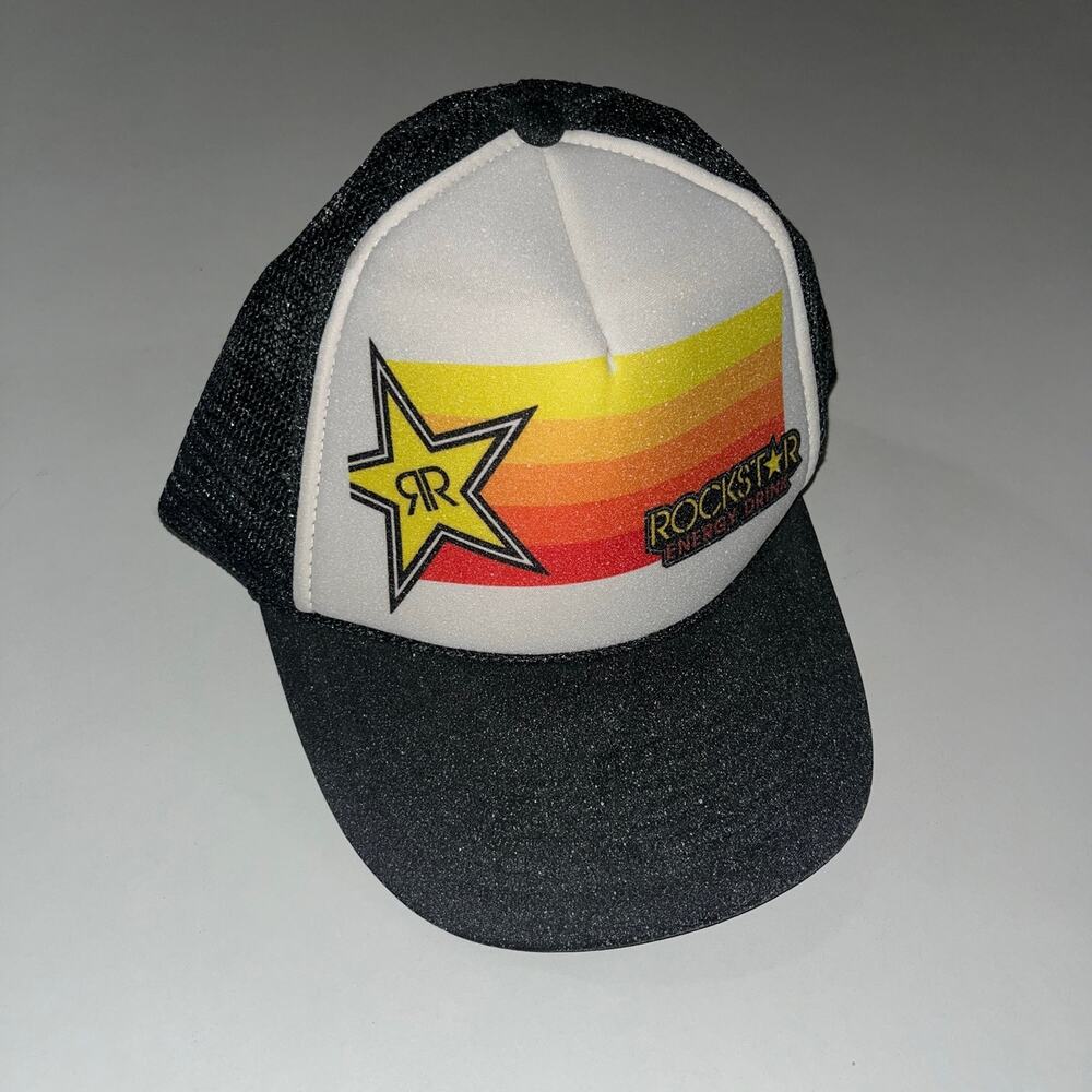 Y2K Inspired Rockstar Energy Drink Black Mesh Snap Back Trucker Hat (0660)